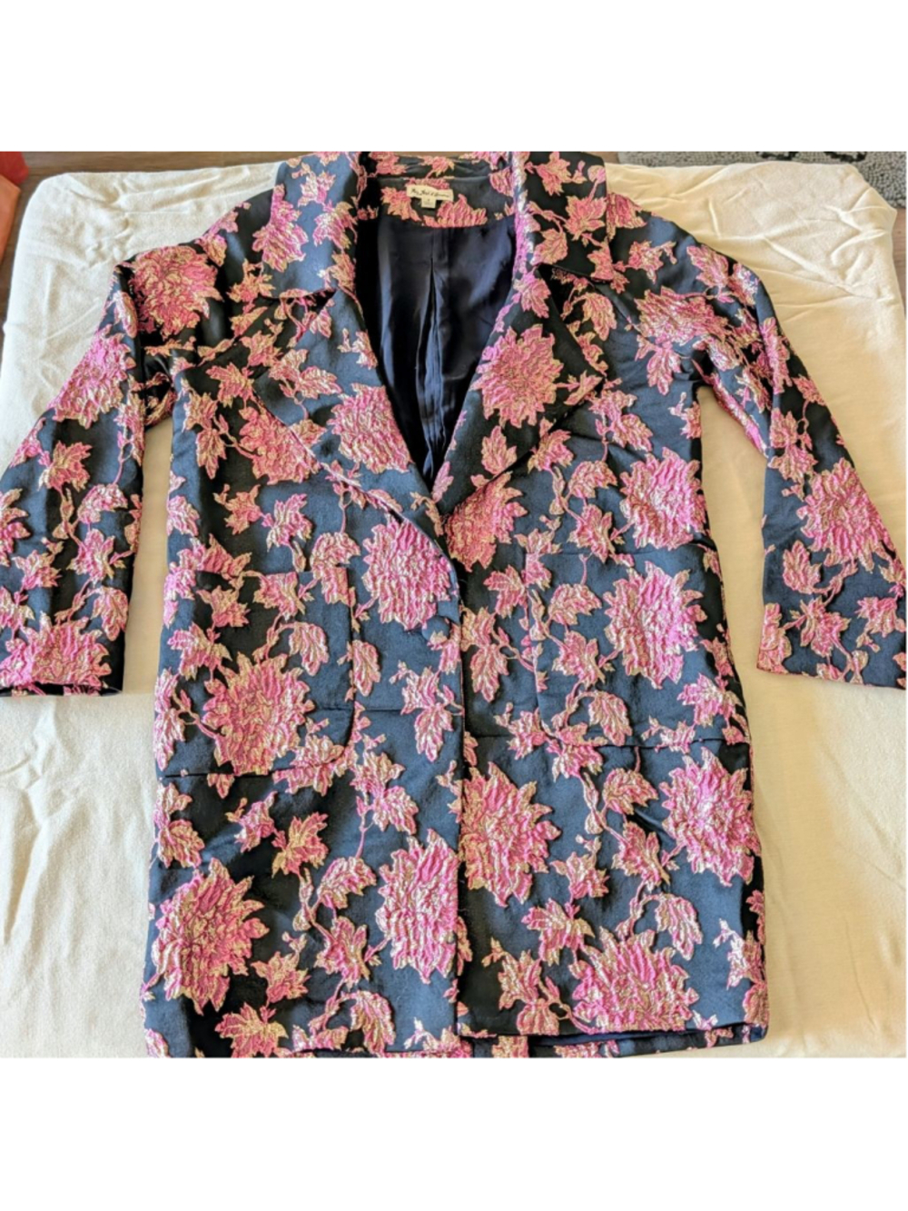 For Love & Lemons Pink Gold Floral Brocade Jacquard Longline Blazer Small - Picture 2 of 12